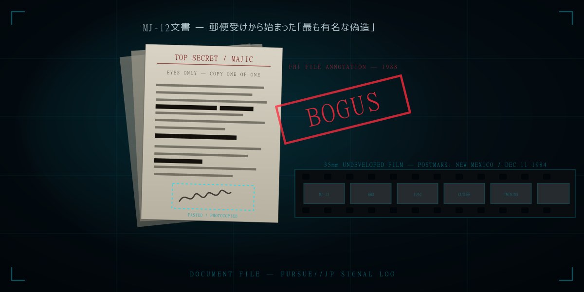 MJ-12文書——郵便受けに落ちた未現像フィルムが生んだ「最も有名な偽造文書」:貼り込まれた署名、国外にいた起草者、そして対情報作戦